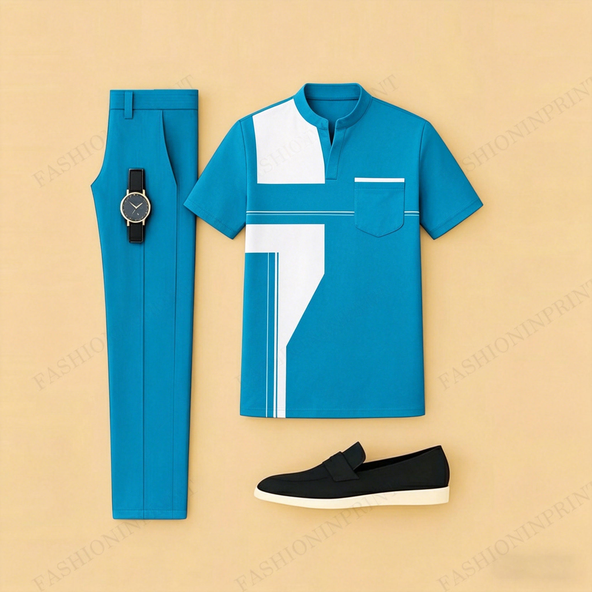 Men's Casual Dark Blue Geometric Printed Short-Sleeve T-Shirt And Pants Two-Piece Set