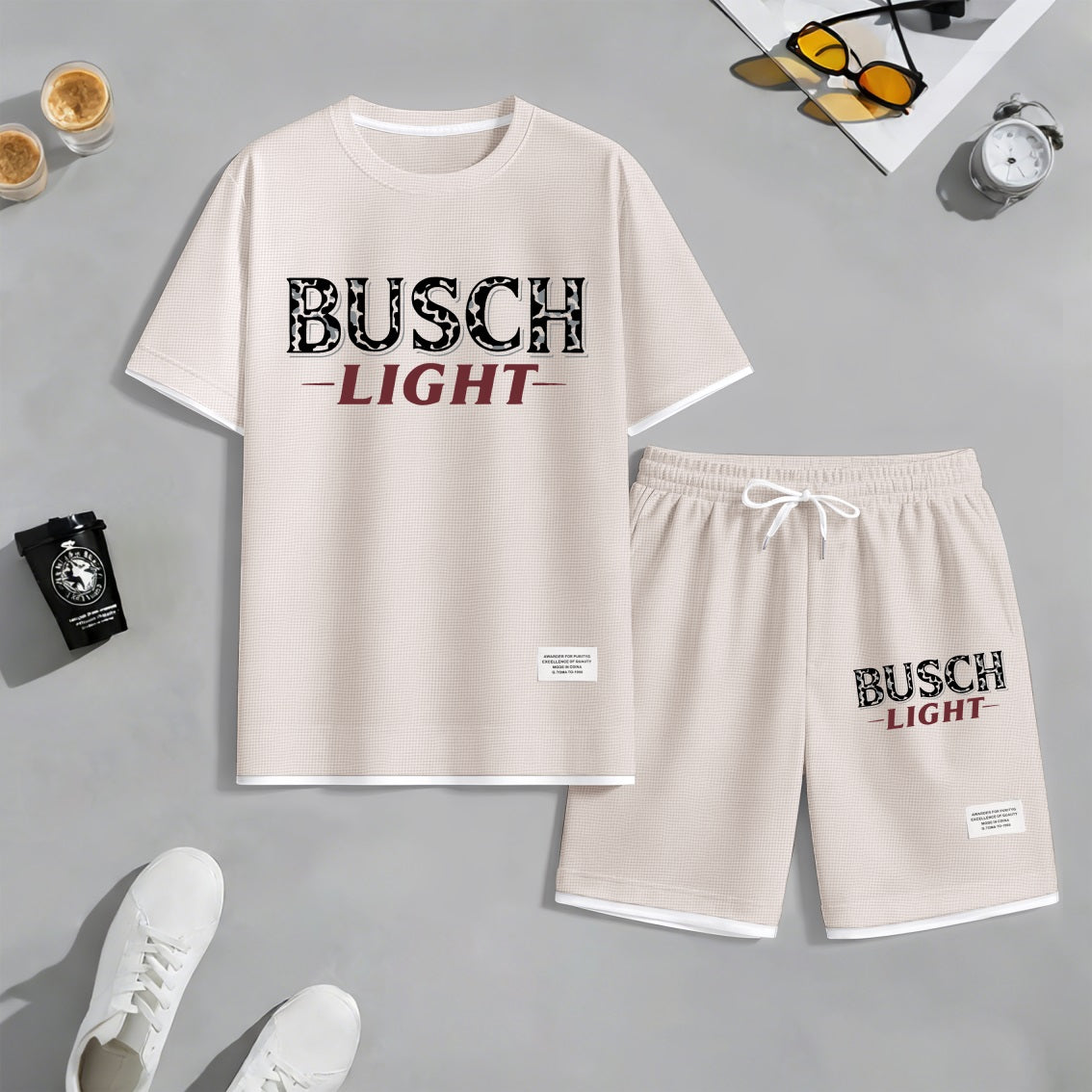 Men's Camping Beer Print Waffle Fabric Short-Sleeved Shirt And Shorts Set