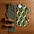 Men's Casual Army Green & White Color Matching Checkered Printed Short Sleeved Polo Shirt & Trousers Two-Piece Set