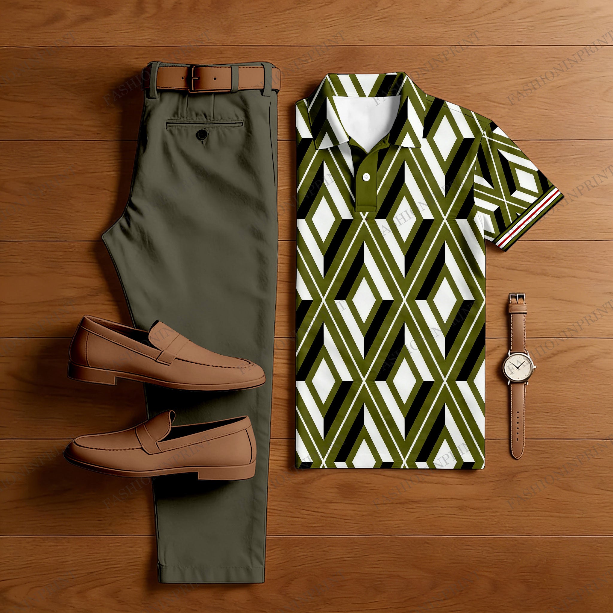 Men's Casual Army Green & White Color Matching Checkered Printed Short Sleeved Polo Shirt & Trousers Two-Piece Set