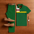 Men's Casual Color Matching Printed Polo-Collar Short Sleeved Trousers Two-Piece Set