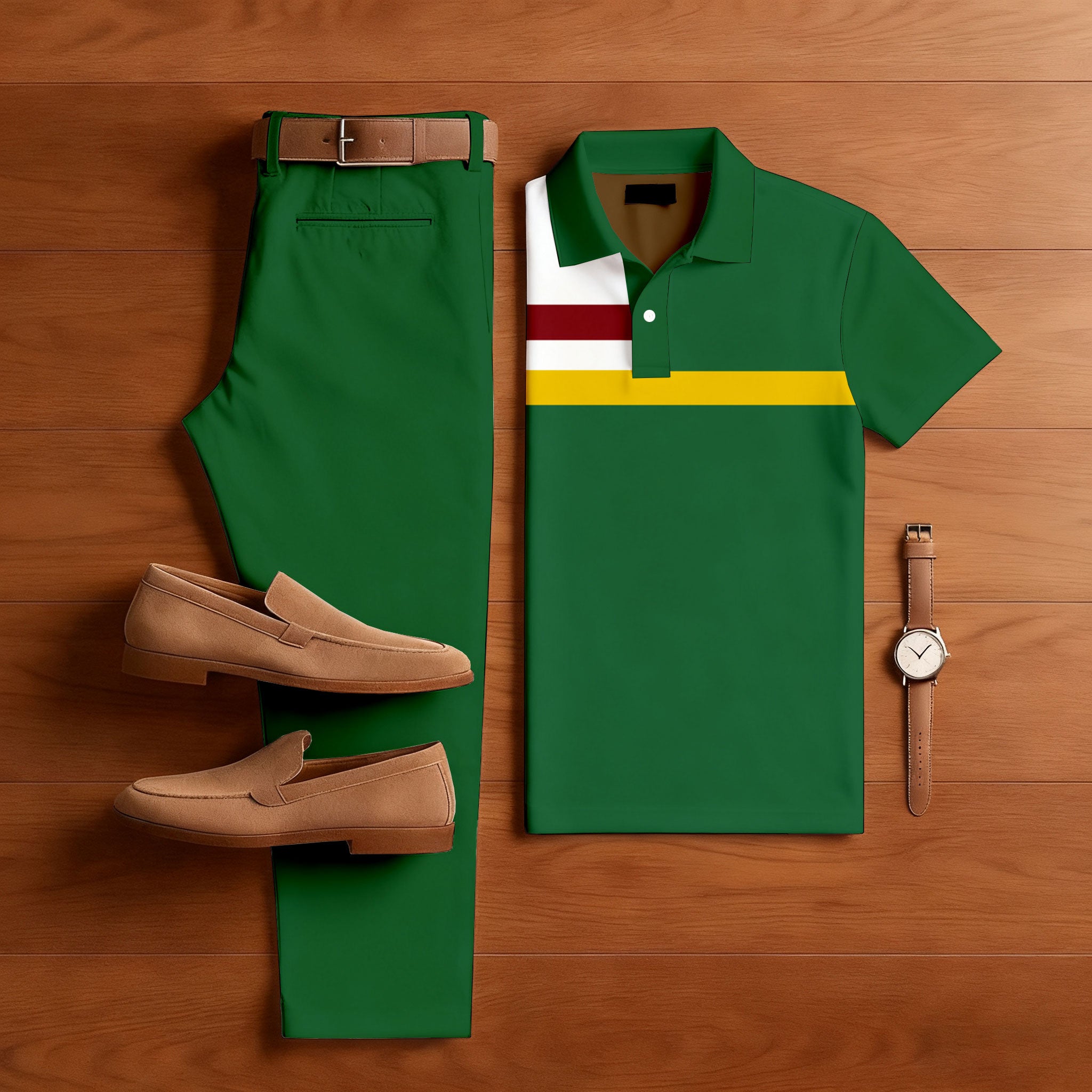Men's Casual Color Matching Printed Polo-Collar Short Sleeved Trousers Two-Piece Set