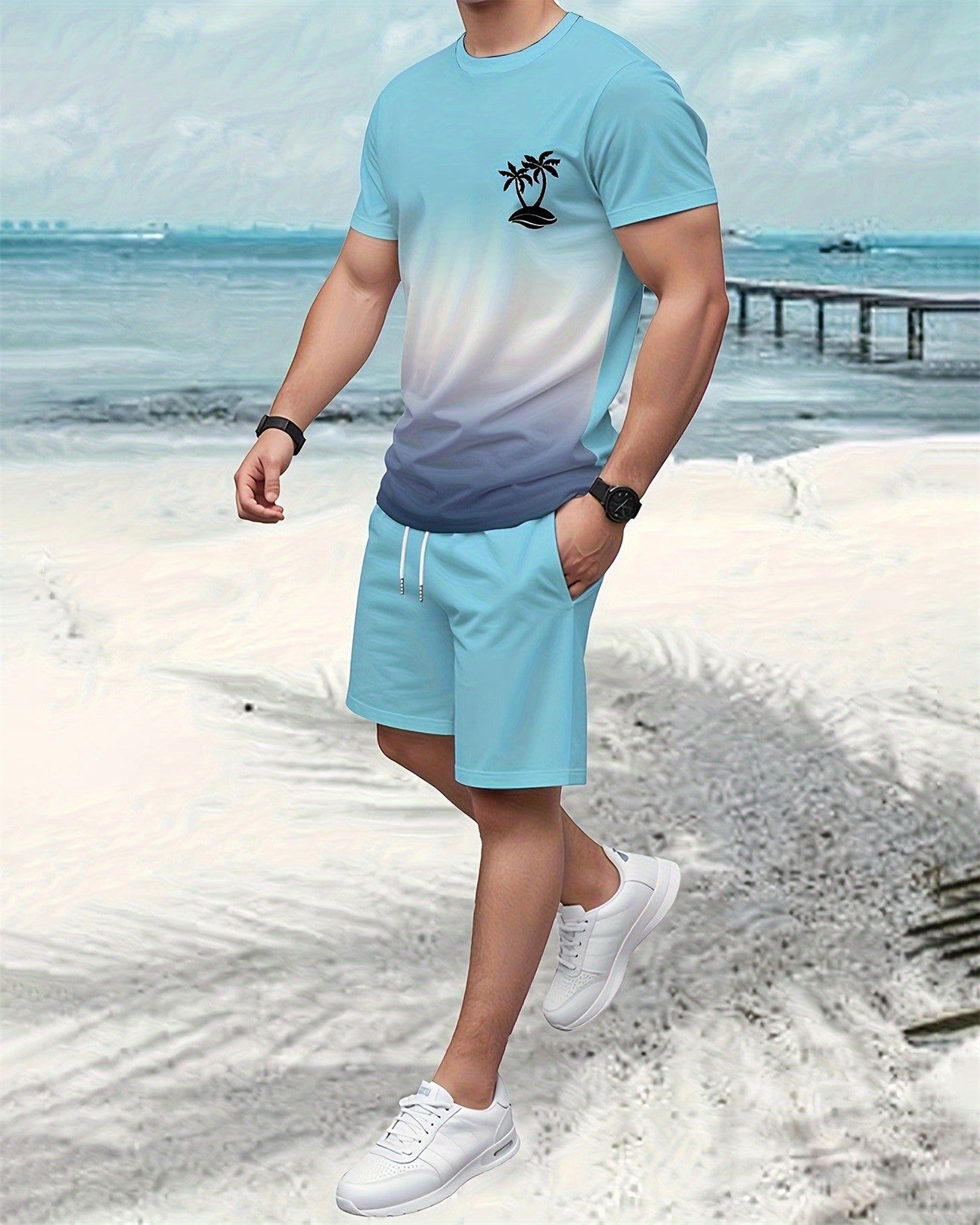 Men's Summer Vacation Round Neck Set 198