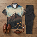 Men's Casual Brown Scenery Printed Short-Sleeve Polo Shirt And Trousers Two-Piece Set