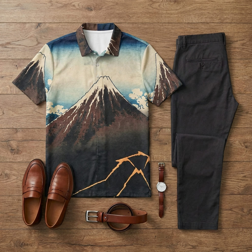 Men's Casual Brown Scenery Printed Short-Sleeve Polo Shirt And Trousers Two-Piece Set