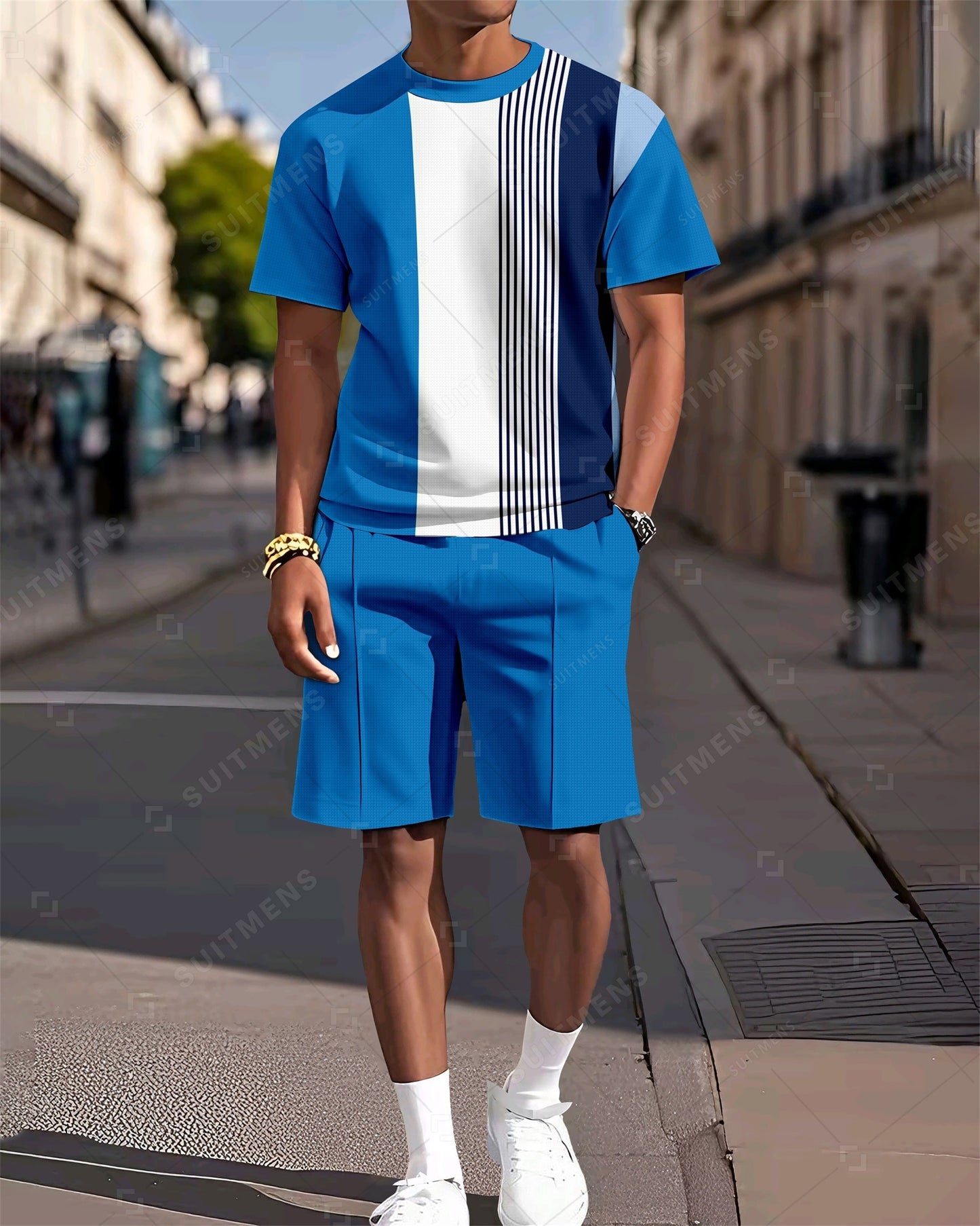 Men's Colorblock Printed Casual Summer Round Neck Set 2029