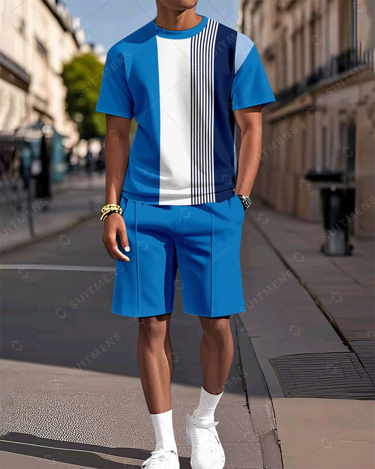 Men's Colorblock Printed Casual Summer Round Neck Set 2029