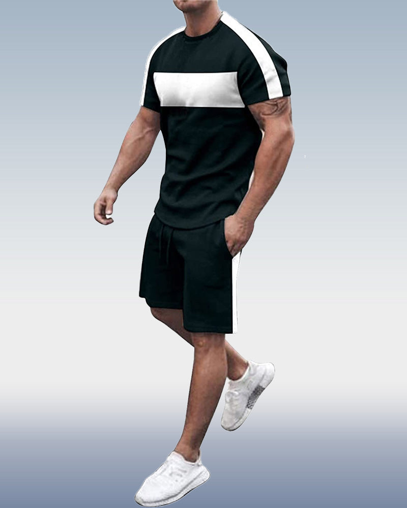 Suitmens Men's Simple Colorblock Print Shorts Set 075