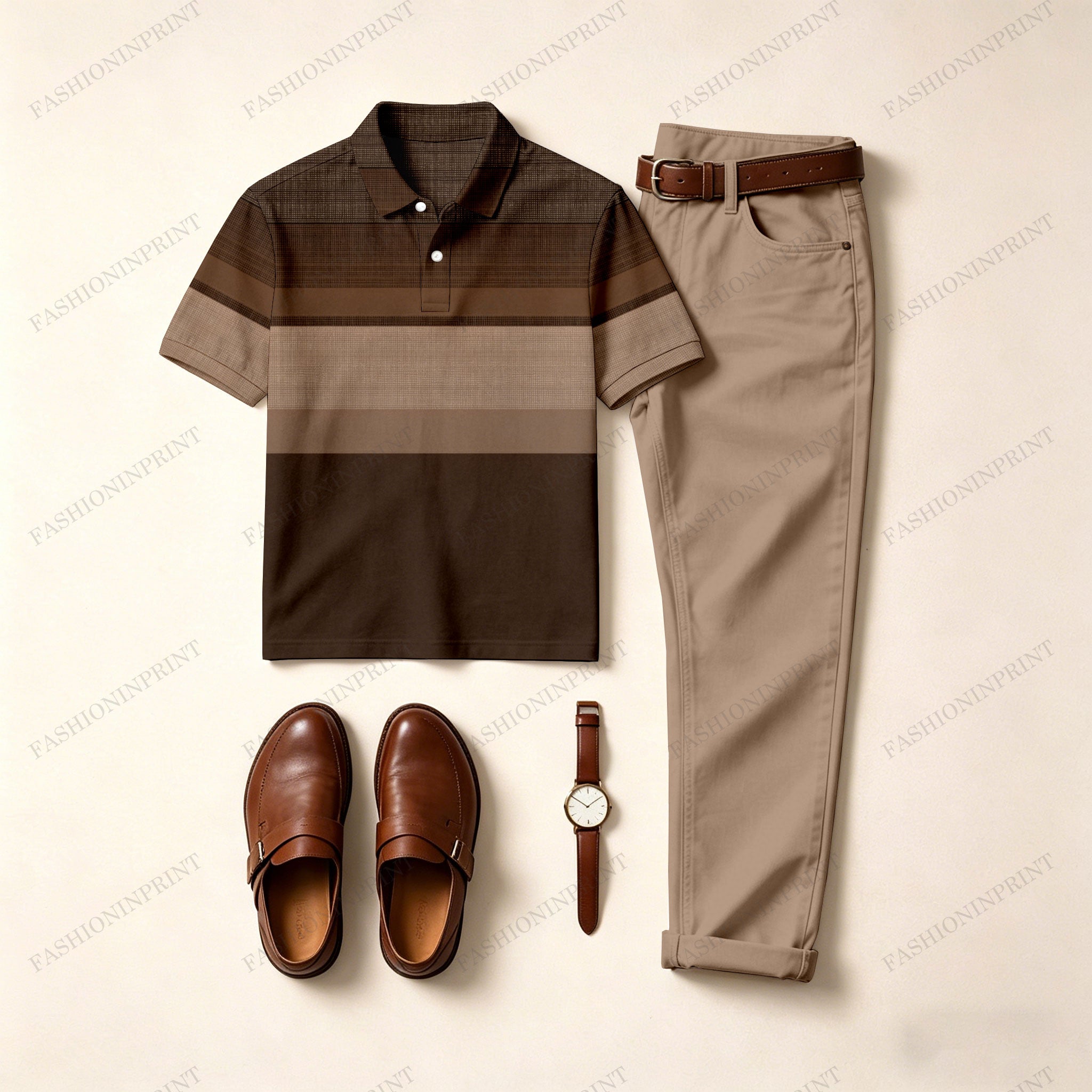 Men's Casual Dark Brown Printed Polo Shirt And Pants Two-Piece Set