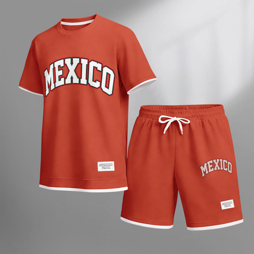 Men's Casual Style MEXICO Print Waffle Fabric Short-Sleeved Shirt And Shorts Set