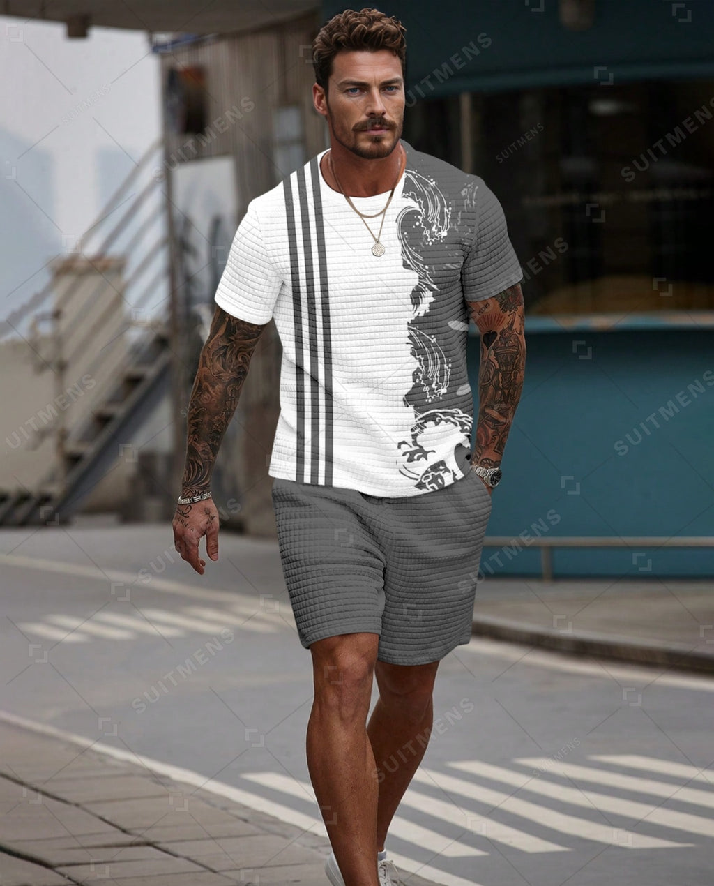 Men's Casual Waffle Textured Summer Round Neck Short Sleeve Shorts Set 001