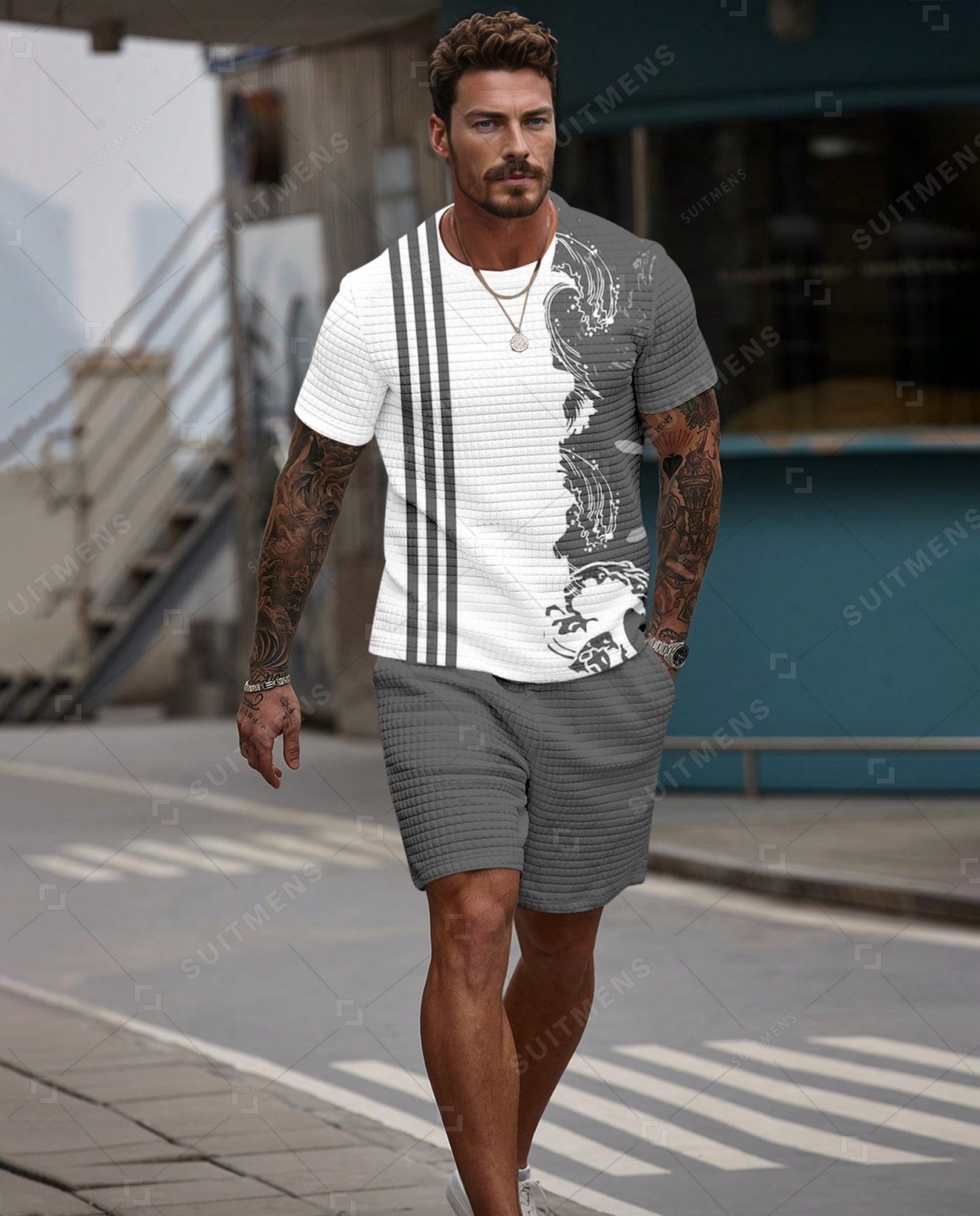 Men's Casual Waffle Textured Summer Round Neck Short Sleeve Shorts Set 001