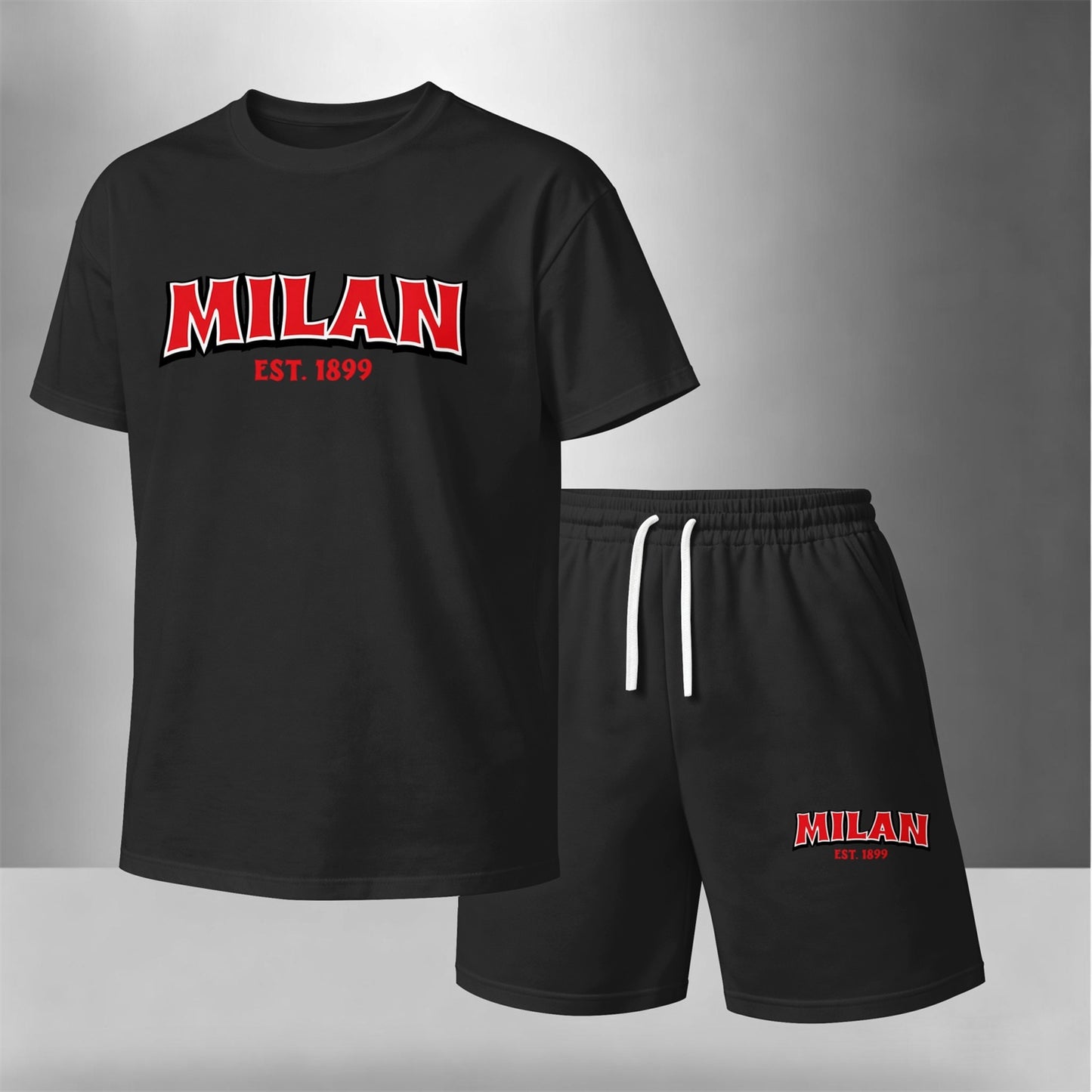 Men's Summer Two-Piece Set: Featuring a short-sleeve T-shirt with a "Milan" letter print paired with drawstring shorts, this lightweight and breathable casual outfit is perfect for the beach, vacations, workouts, travel, running, and everyday wear.