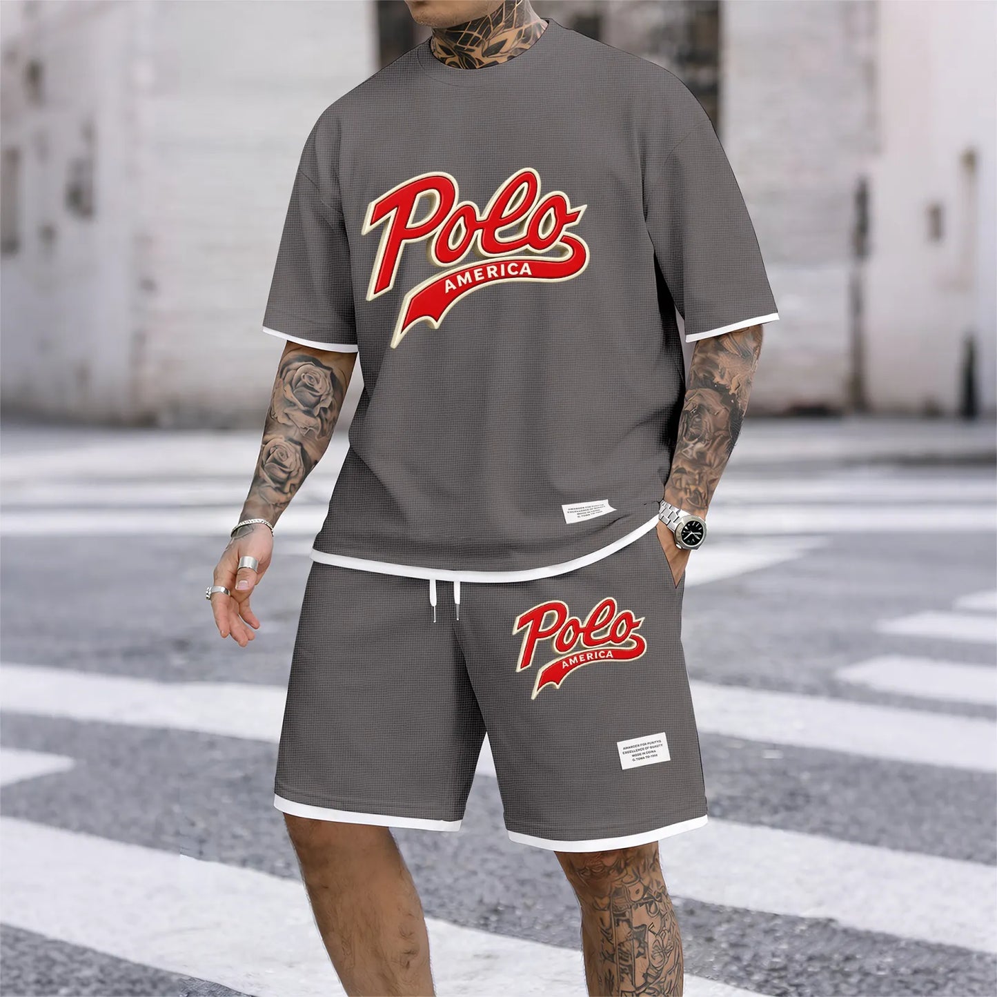 Men's American-style printed drawstring shorts set is ideal for spring and summer. This casual summer outfit includes a short-sleeved shirt and shorts, suitable for everyday wear and athletic activities.