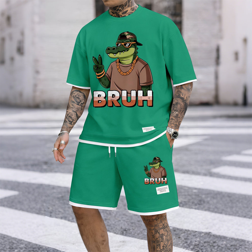 Men's Hip-Hop Street Style Funny Animal Graphic Print Short Sleeve Shirt and Drawstring Shorts Set, Casual Summer Two-Piece Outfit, Lightweight Breathable Relaxed Fit Sportswear, Stylish Comfortable Daily Wear Beach Vacation Travel Loungewear