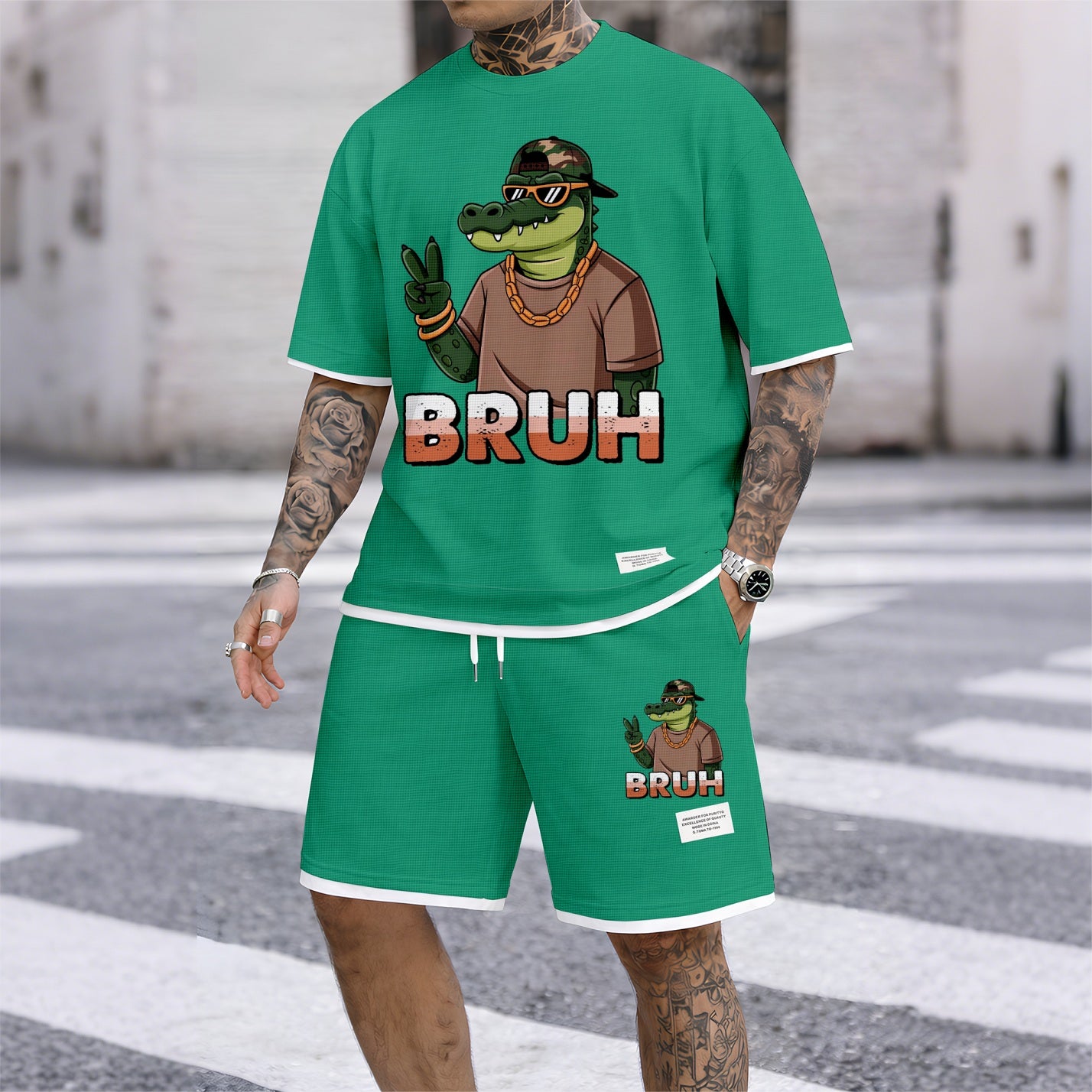 Men's Hip-Hop Street Style Funny Animal Graphic Print Short Sleeve Shirt and Drawstring Shorts Set, Casual Summer Two-Piece Outfit, Lightweight Breathable Relaxed Fit Sportswear, Stylish Comfortable Daily Wear Beach Vacation Travel Loungewear