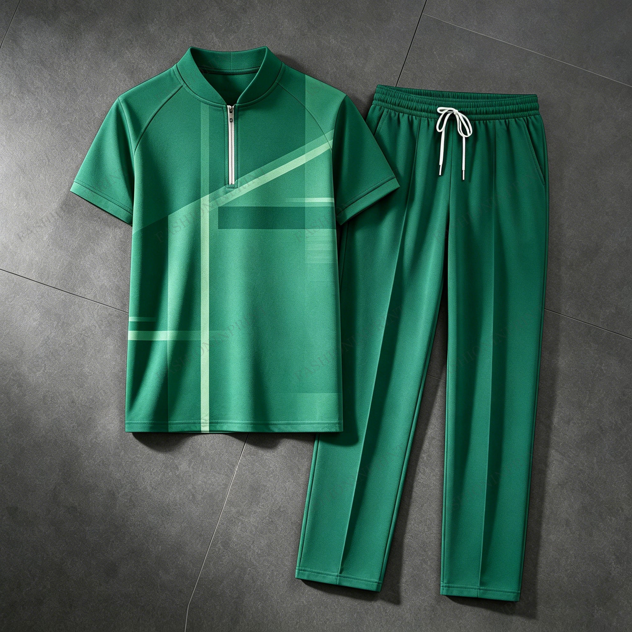 Men's Casual Dark Green Geometric Print Crew Neck Short-Sleeve Shirt & Long Pants Set With Zipper Detail