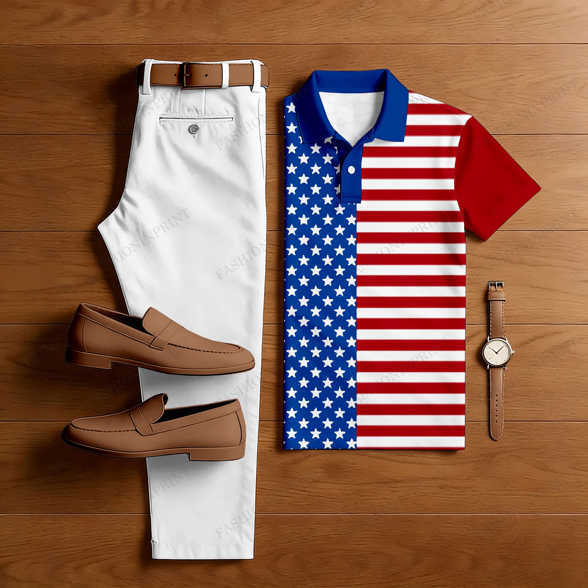Men's Casual Printed Polo Shirt And Pants Two-Piece Set