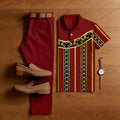 Men's Casual Burgundy & Black Color Matching Printed Short Sleeved Polo Shirt & Trousers Two-Piece Set