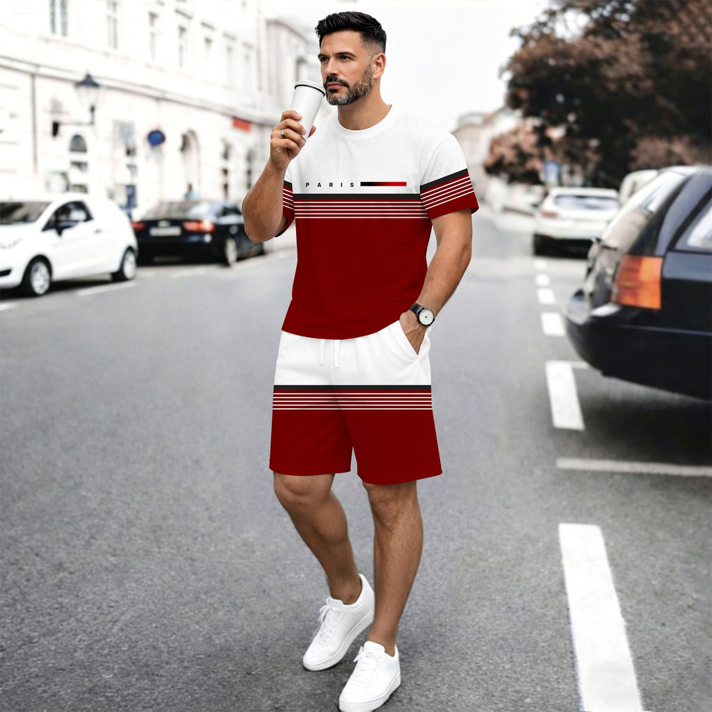 Men’s Summer 2 Pack T Shirt and Shorts Sets, Paris Stripe Graphic Short Sleeve Tops with Drawstring Shorts, Soft Breathable Matching Outfits for Beach, Outdoor Activities, Vacation, Streetwear, and Everyday Style