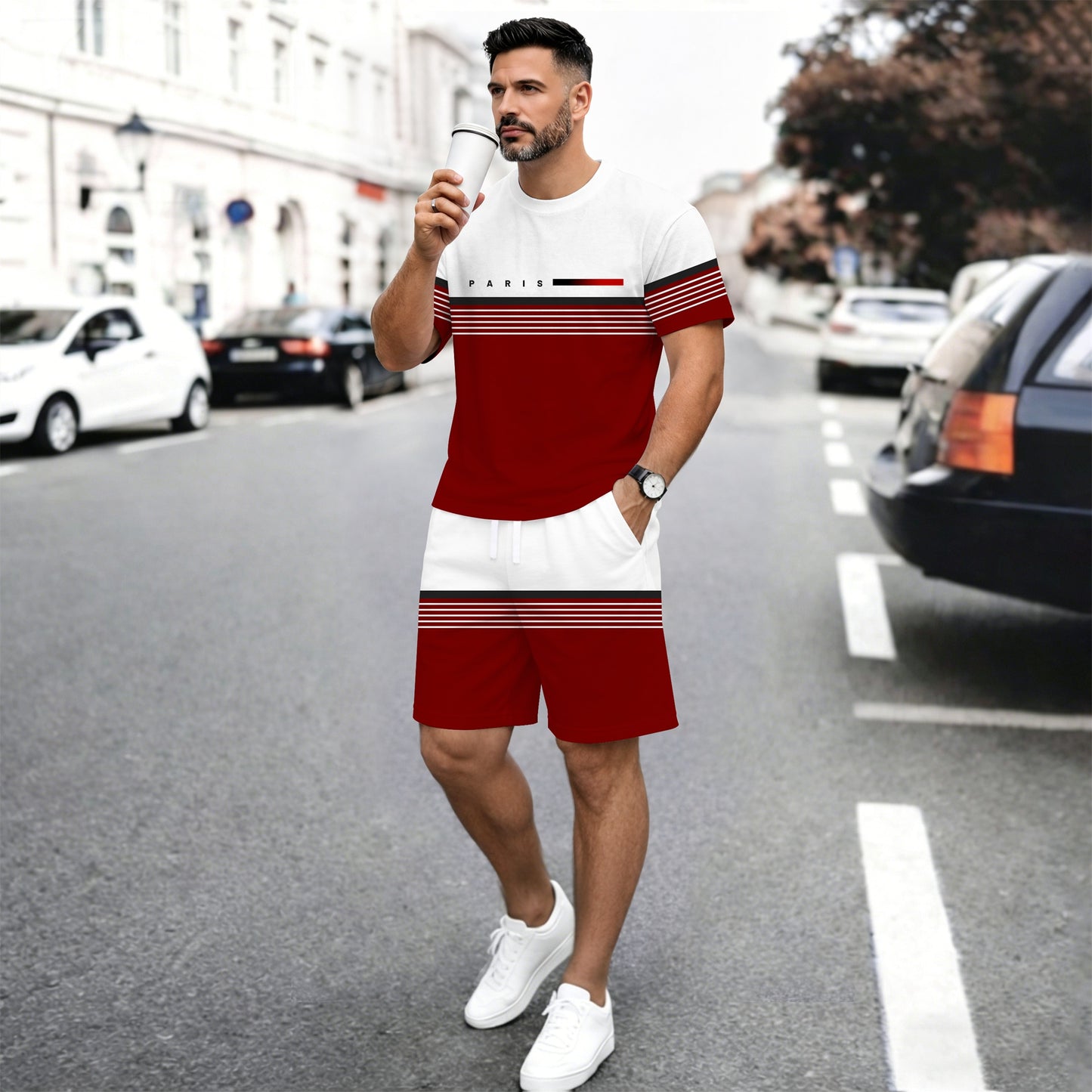 Men’s Summer 2 Pack T Shirt and Shorts Sets, Paris Stripe Graphic Short Sleeve Tops with Drawstring Shorts, Soft Breathable Matching Outfits for Beach, Outdoor Activities, Vacation, Streetwear, and Everyday Style