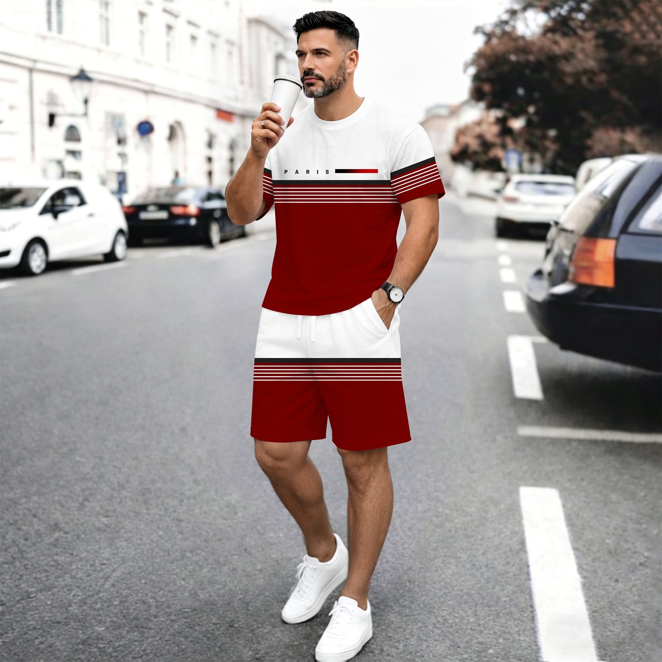 Men’s Summer 2 Pack T Shirt and Shorts Sets, Paris Stripe Graphic Short Sleeve Tops with Drawstring Shorts, Soft Breathable Matching Outfits for Beach, Outdoor Activities, Vacation, Streetwear, and Everyday Style