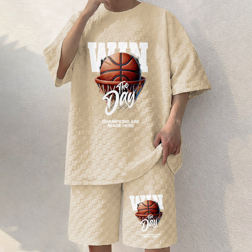 Men's Basketball Graphic Print Spring And Summer Drawstring Shorts Set, A Casual Summer Outfit, Including A Short-Sleeved Shirt And Shorts, Suitable For Everyday Wear And Sports Activities.