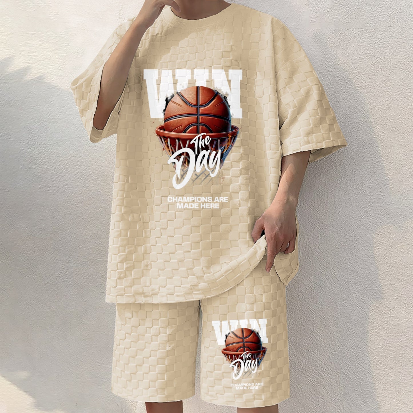 Men's Basketball Graphic Print Spring And Summer Drawstring Shorts Set, A Casual Summer Outfit, Including A Short-Sleeved Shirt And Shorts, Suitable For Everyday Wear And Sports Activities.