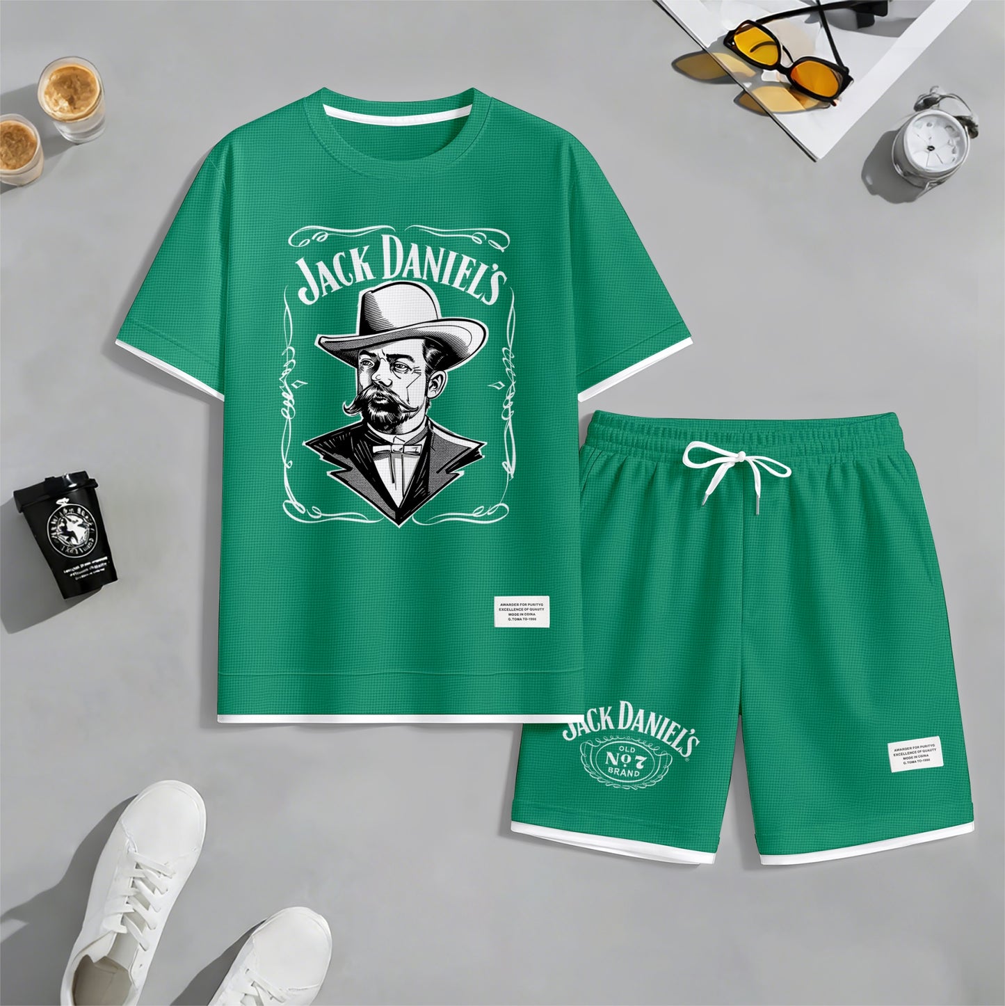 Men's Beer Print Drawstring Shorts Set, Suitable For Spring And Summer Wear, Casual Summer Set, Including Short-Sleeved Shirt And Shorts, Suitable For Everyday Wear And Sports 04