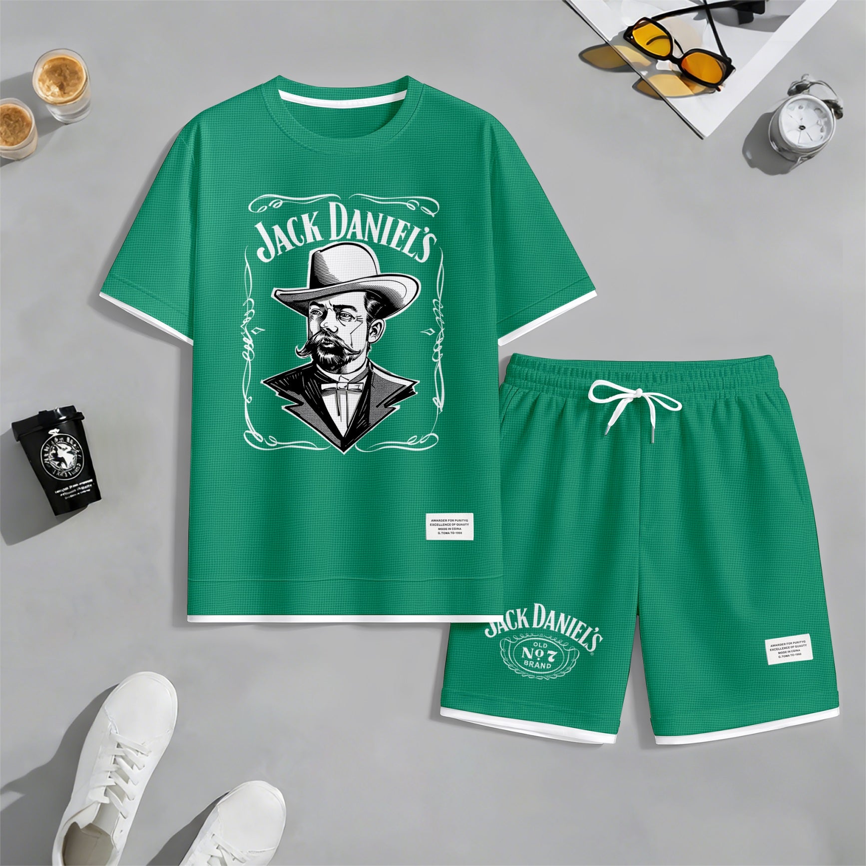 Men's Beer Print Drawstring Shorts Set, Suitable For Spring And Summer Wear, Casual Summer Set, Including Short-Sleeved Shirt And Shorts, Suitable For Everyday Wear And Sports 04