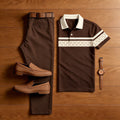 Men's Casual Dark Brown Plaid Printed Polo Shirt And Pants Two-Piece Set
