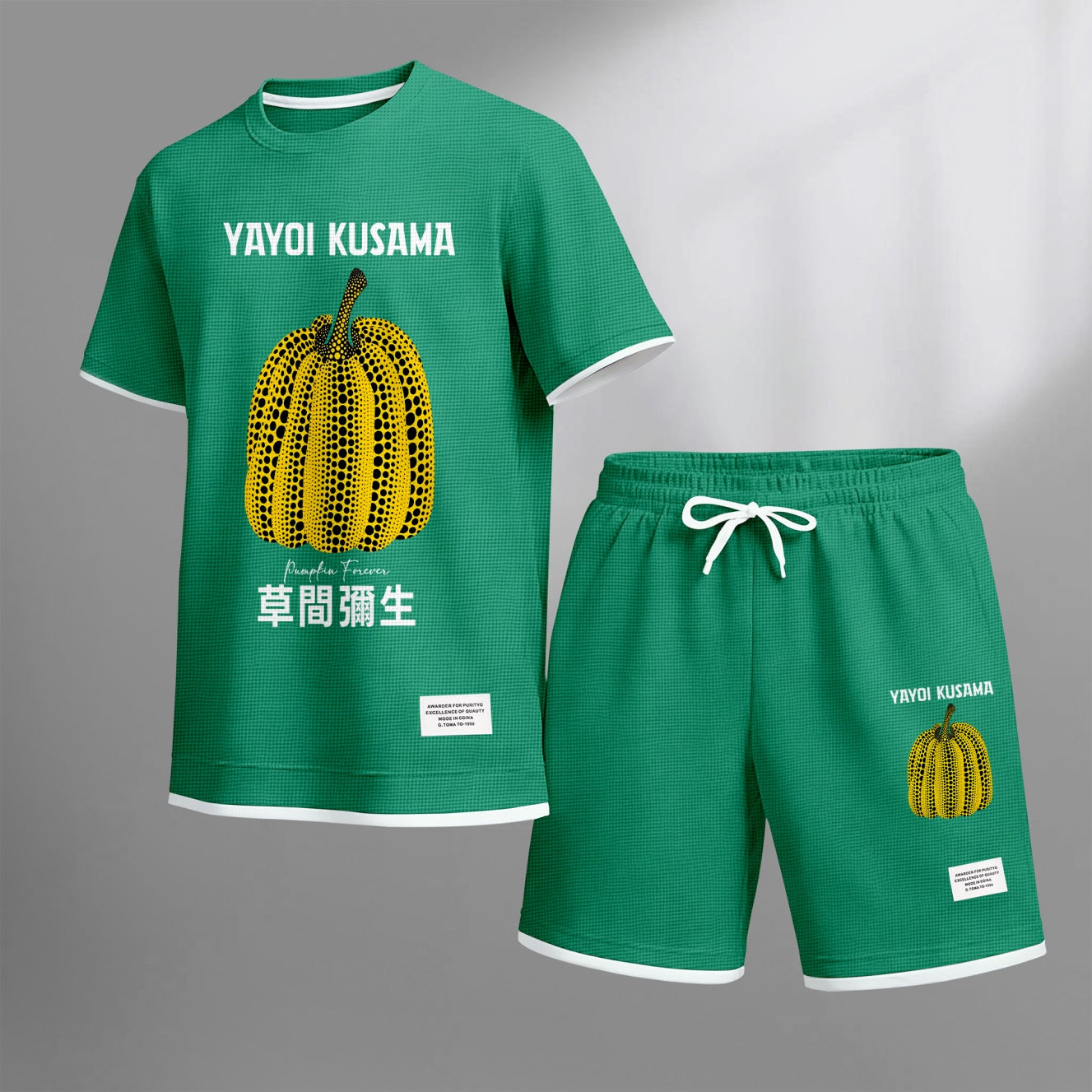 Men's Polka-Dot Pumpkin Print Waffle Fabric Short-Sleeved Shirt And Shorts Set 02