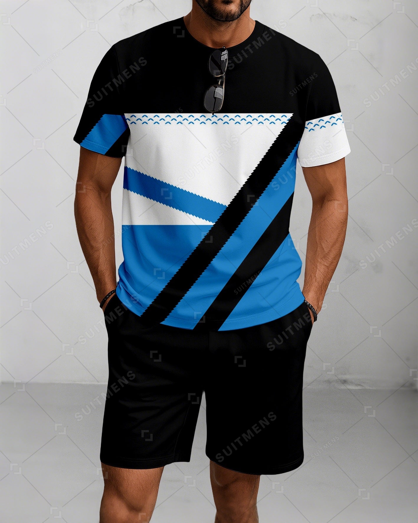 Men's Summer Colorblock Printed Round Neck Suit 053
