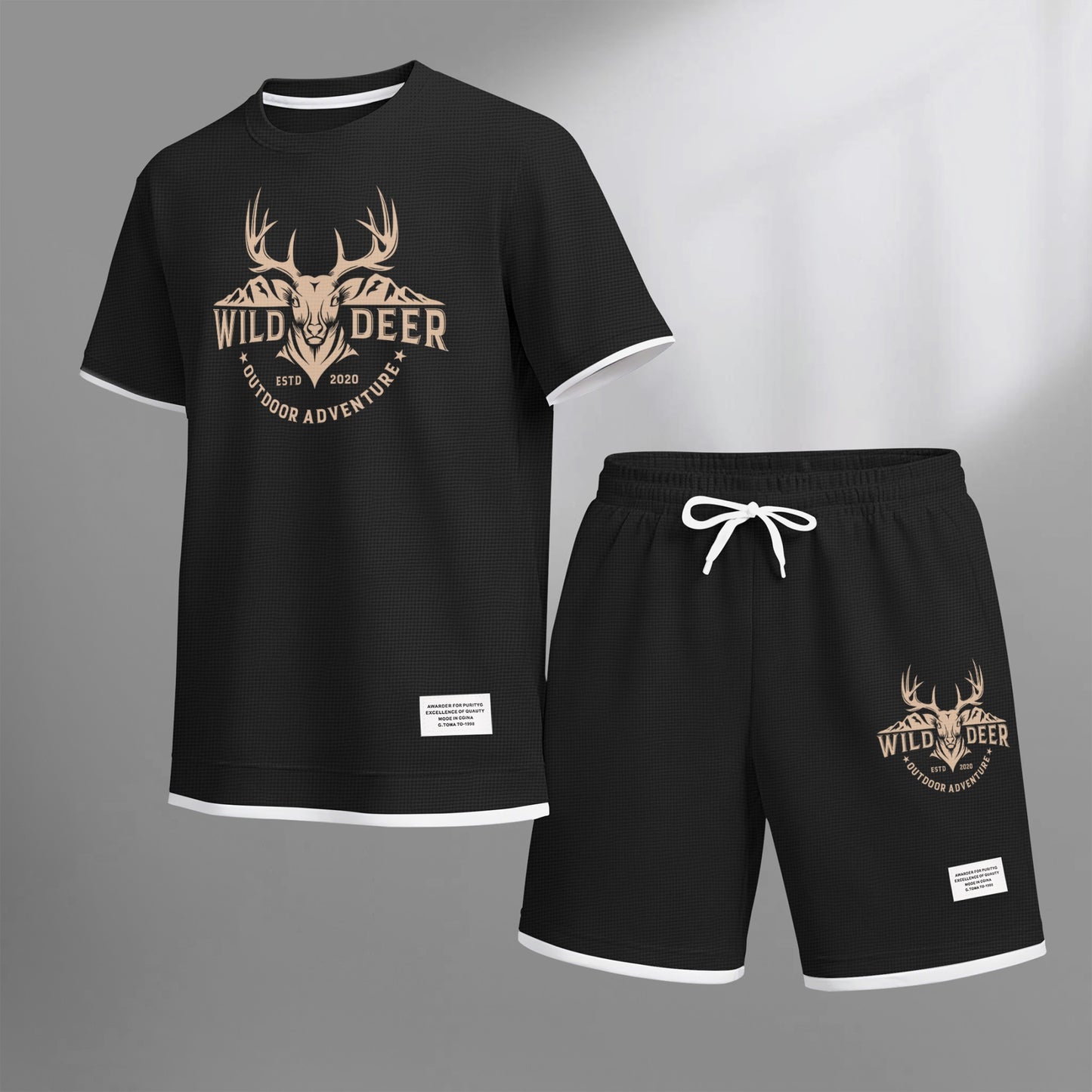 Men's Wild Deer Graphic Print Waffle Short Sleeve T-Shirt & Shorts Set, Summer Lightweight Outdoor Adventure Sporty Casual Two-Piece Outfit, Streetwear for Gym & Daily Wear