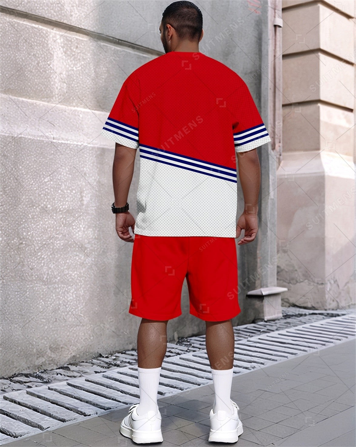 Men's Summer Color Matching Print Round Neck Set 373