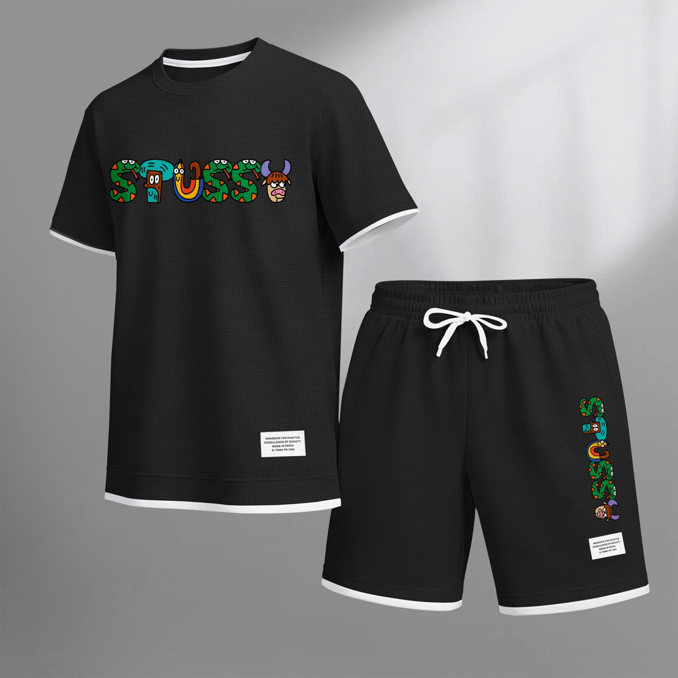 Men's Y2K Cartoon Print Waffle Fabric Short-Sleeved Shirt And Shorts Set