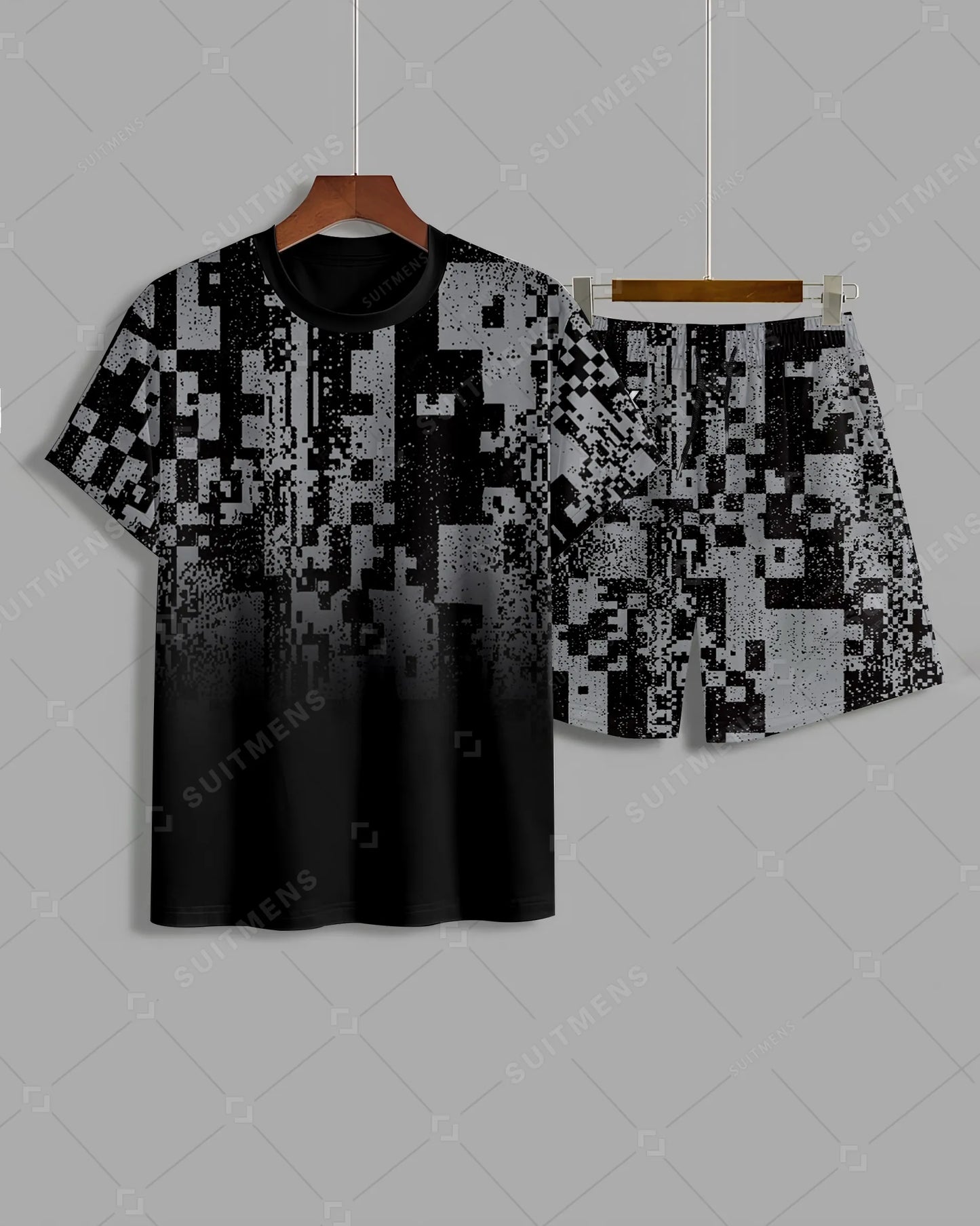 Men's Summer Colorblock Printed Round Neck Suit 015