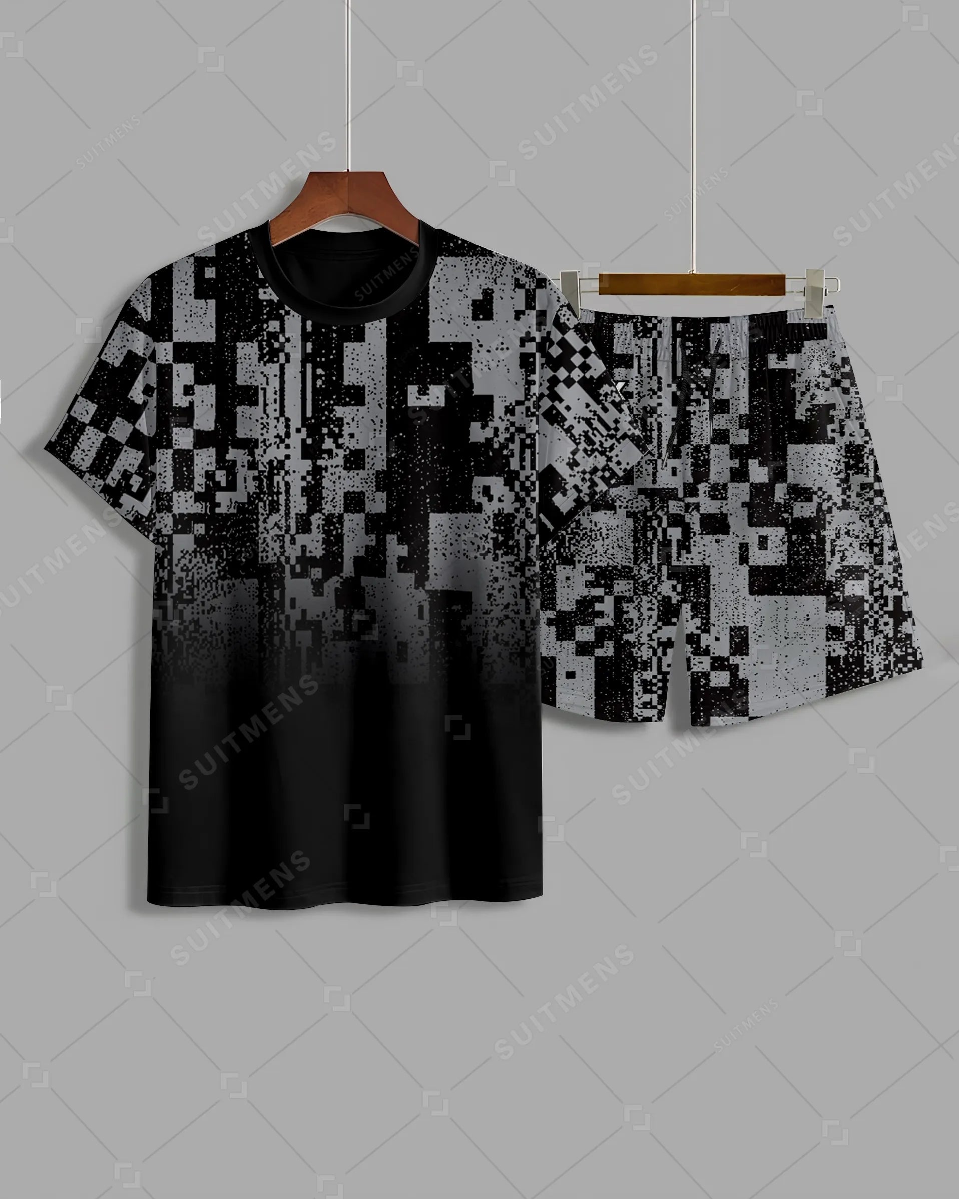 Men's Summer Colorblock Printed Round Neck Suit 015