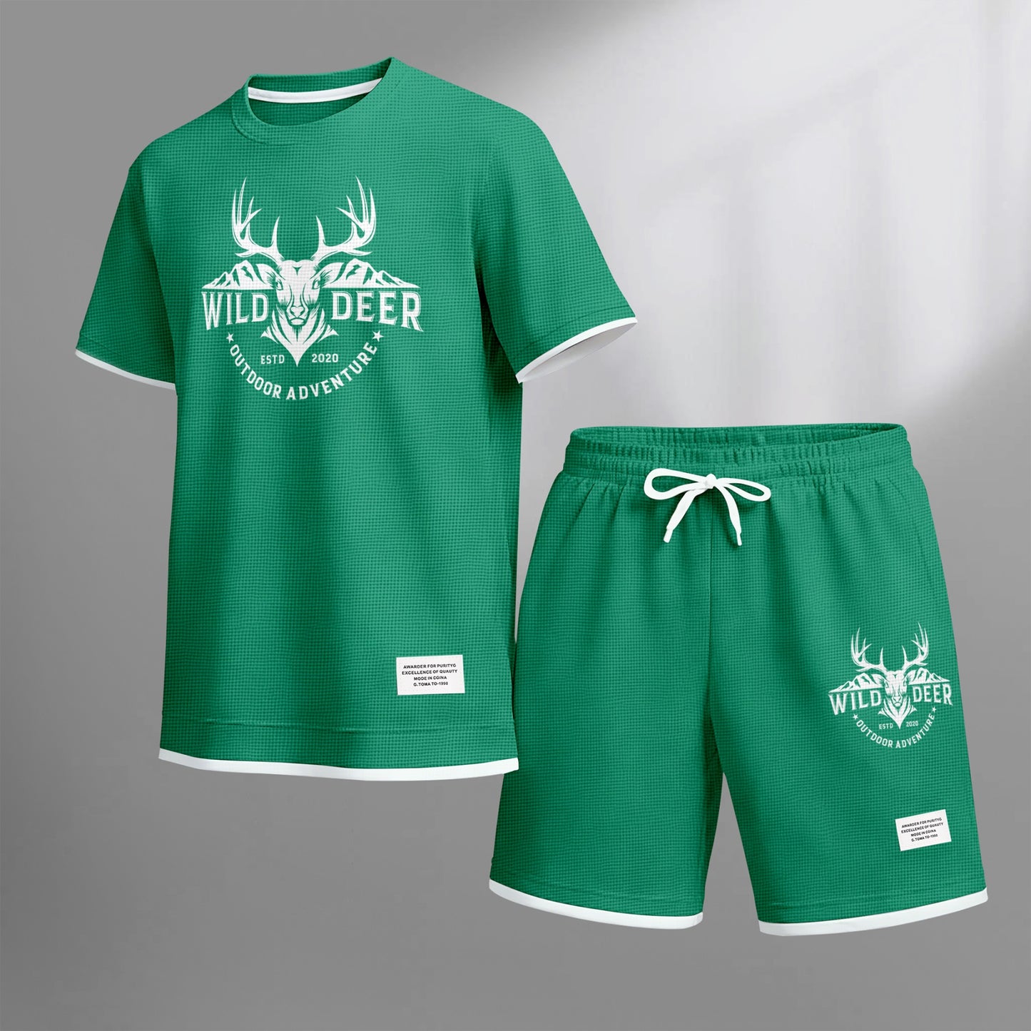 Men's Wild Deer Graphic Print Waffle Short Sleeve T-Shirt & Shorts Set, Summer Lightweight Outdoor Adventure Sporty Casual Two-Piece Outfit, Streetwear for Gym & Daily Wear