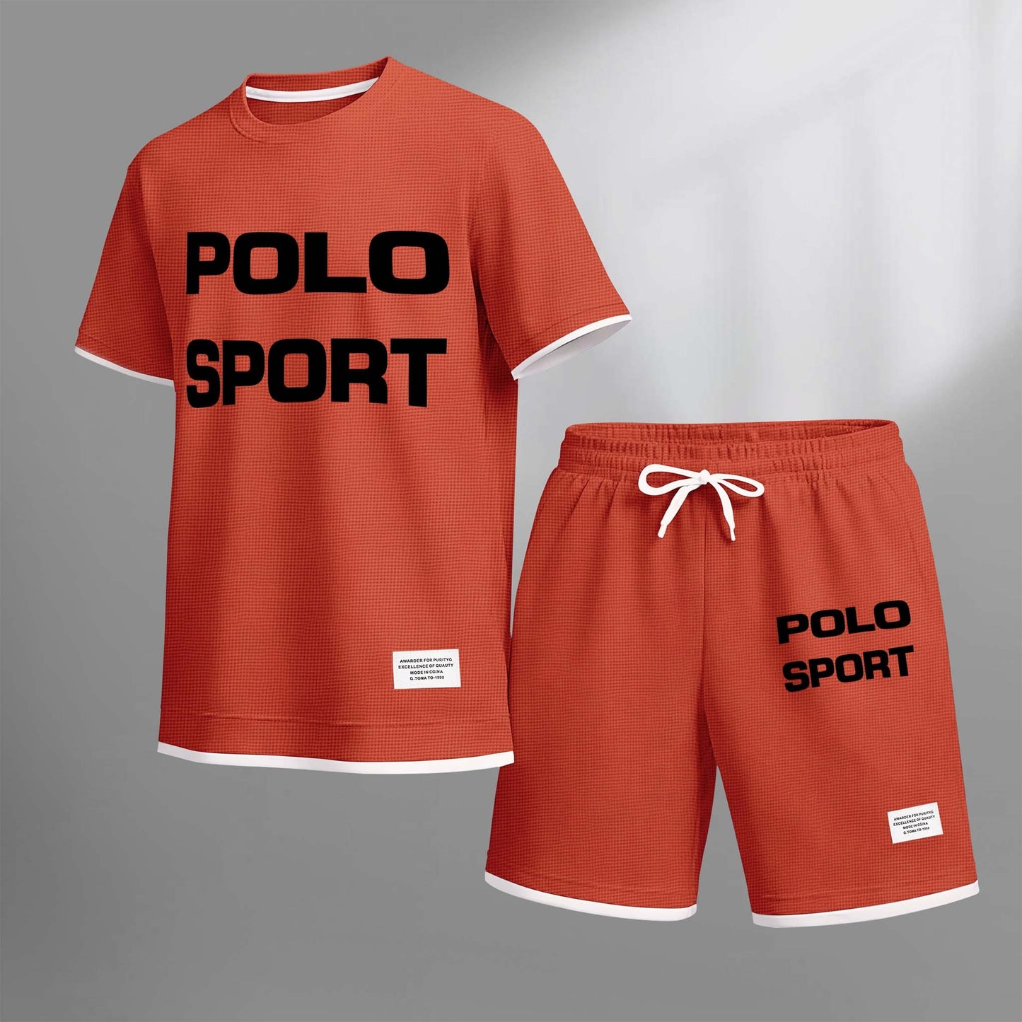 Men's Polo Sport Print Drawstring Shorts Set For Spring/Summer. A Casual Summer Outfit, Including A Short-Sleeved Shirt And Shorts, Suitable For Everyday Wear And Sports. A Two-Piece Set For A Relaxed And Energetic Lifestyle.