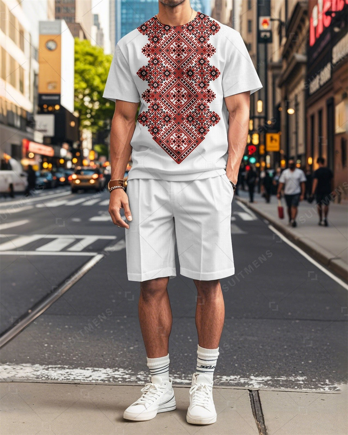 Men's Vintage Geometric Printed Summer Round Neck Set 2009