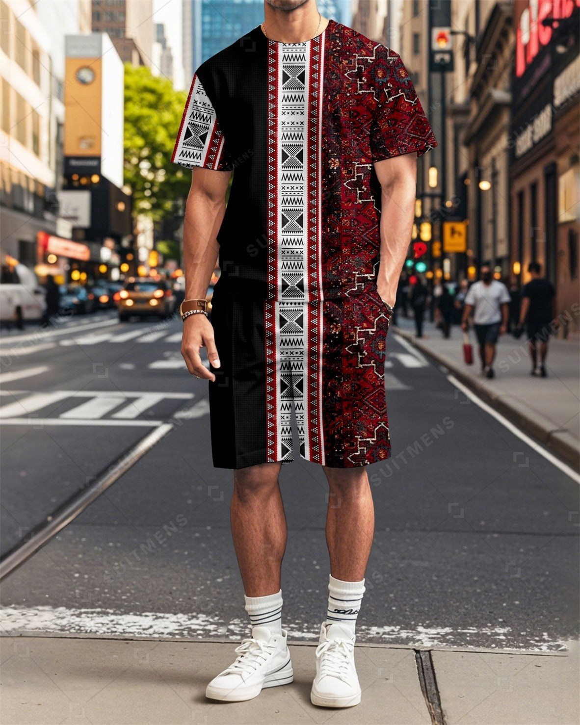 Men's Vintage Geometric Printed Summer Round Neck Set 2008