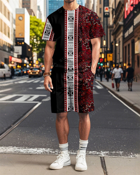Men's Vintage Geometric Printed Summer Round Neck Set 2008