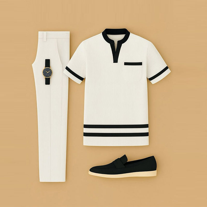 Men's Casual Beige & Black Color Matching Short Sleeved Henry Collar T-Shirt & Trousers Two-Piece Set