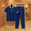 Men's Casual Navy Blue Color Matching Printed Zipper Short Sleeved Polo Shirt & Trousers Two-Piece Set