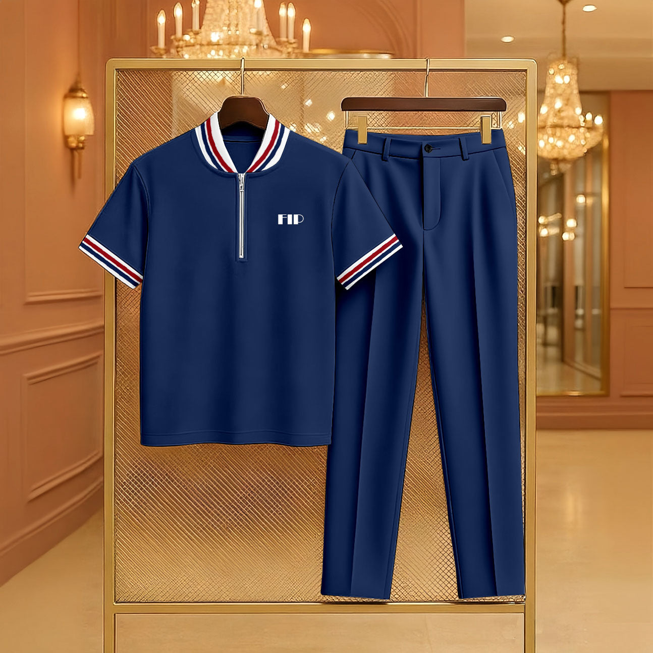 Men's Casual Navy Blue Color Matching Printed Zipper Short Sleeved Polo Shirt & Trousers Two-Piece Set