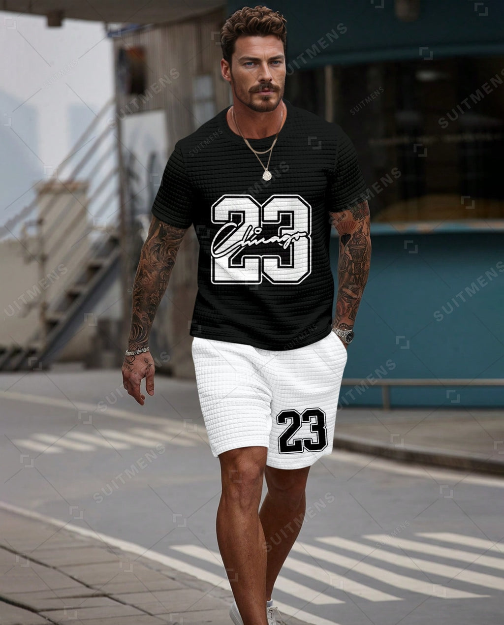 Men's Casual Waffle Textured Summer Round Neck Short Sleeve Shorts Set 003