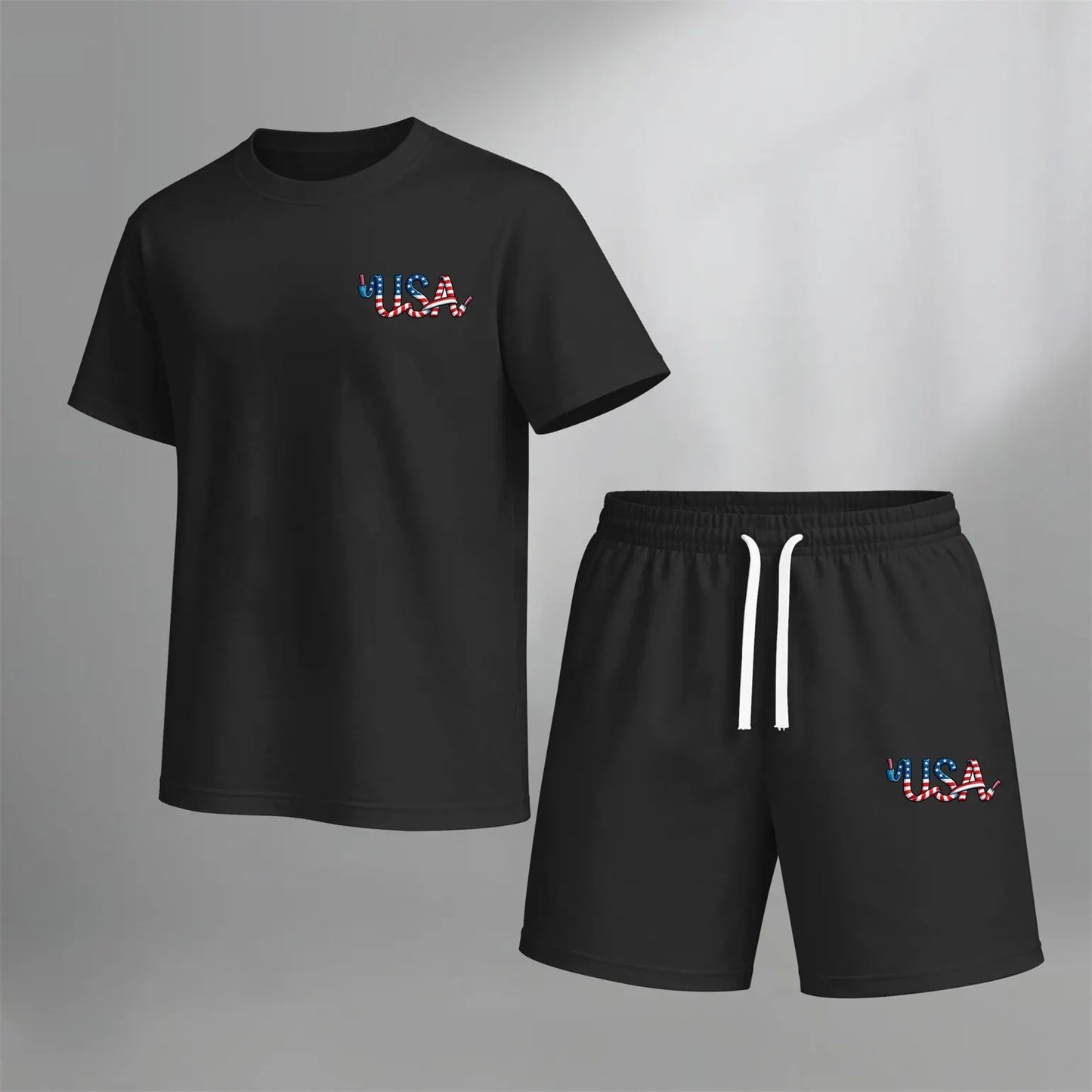 Men’s Summer 2 Piece Set, USA Letter Print Short Sleeve T Shirt and Drawstring Shorts Matching Outfit, Lightweight Breathable Casual Set for Beach, Vacation, Gym, Travel, Running, and Daily Wear