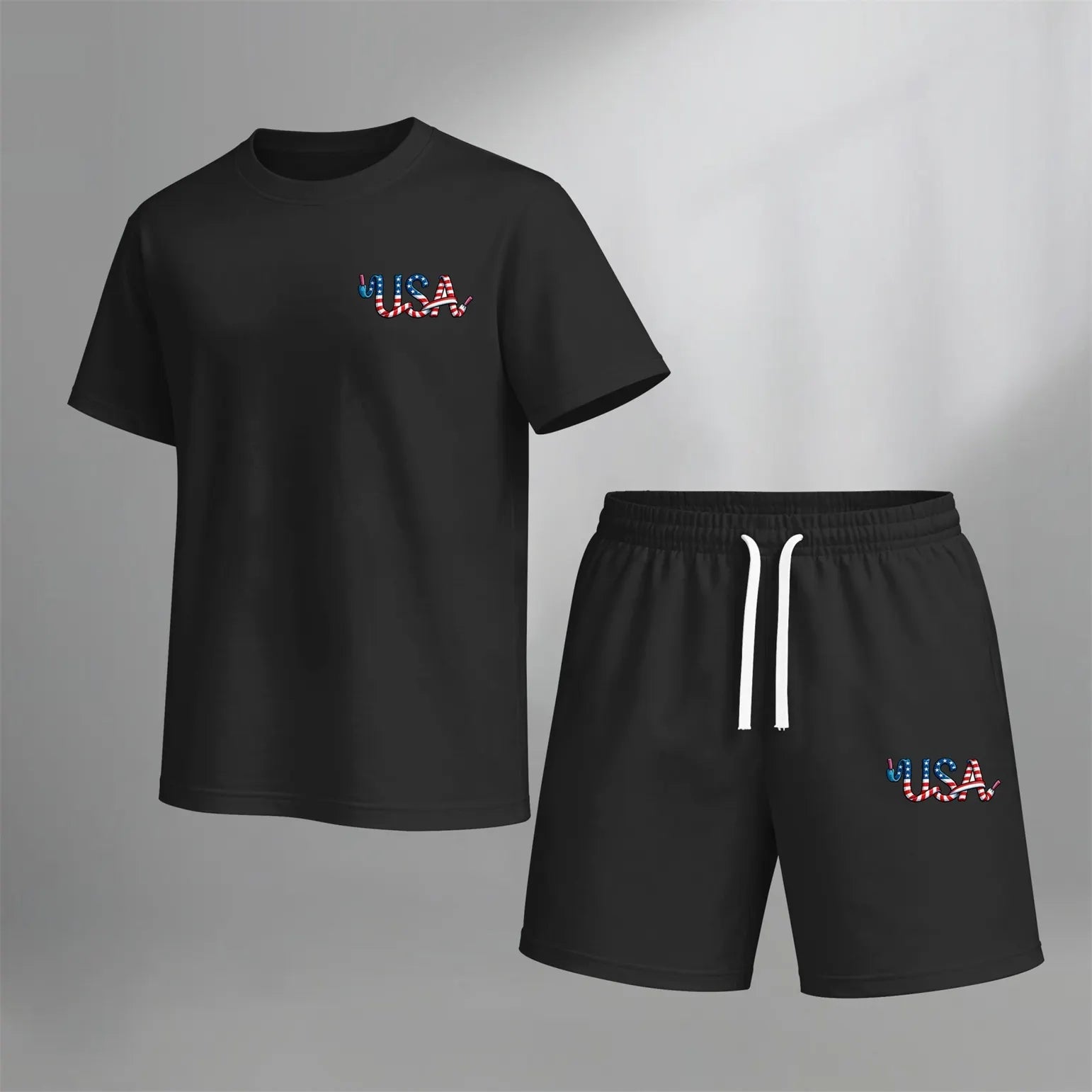Men’s Summer 2 Piece Set, USA Letter Print Short Sleeve T Shirt and Drawstring Shorts Matching Outfit, Lightweight Breathable Casual Set for Beach, Vacation, Gym, Travel, Running, and Daily Wear