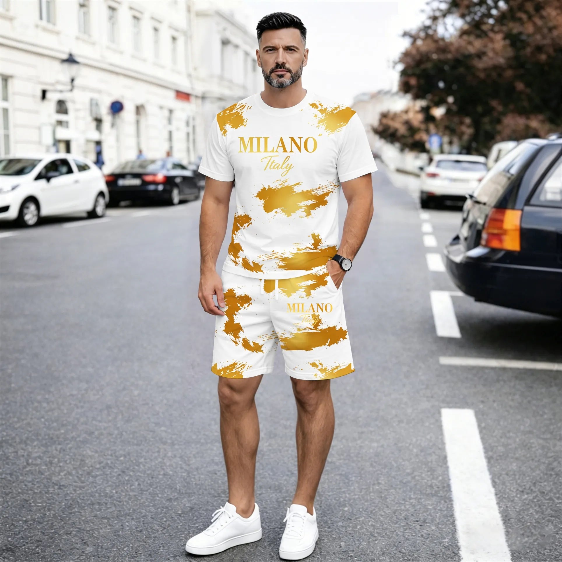 Men’s MILANO Graphic T Shirt and Shorts Set, Italy Inspired 2 Piece Matching Outfit with Short Sleeve Tee and Elastic Waist Drawstring Shorts, Soft Breathable Summer Set for Holiday, Street Style, Travel, and Everyday Wear
